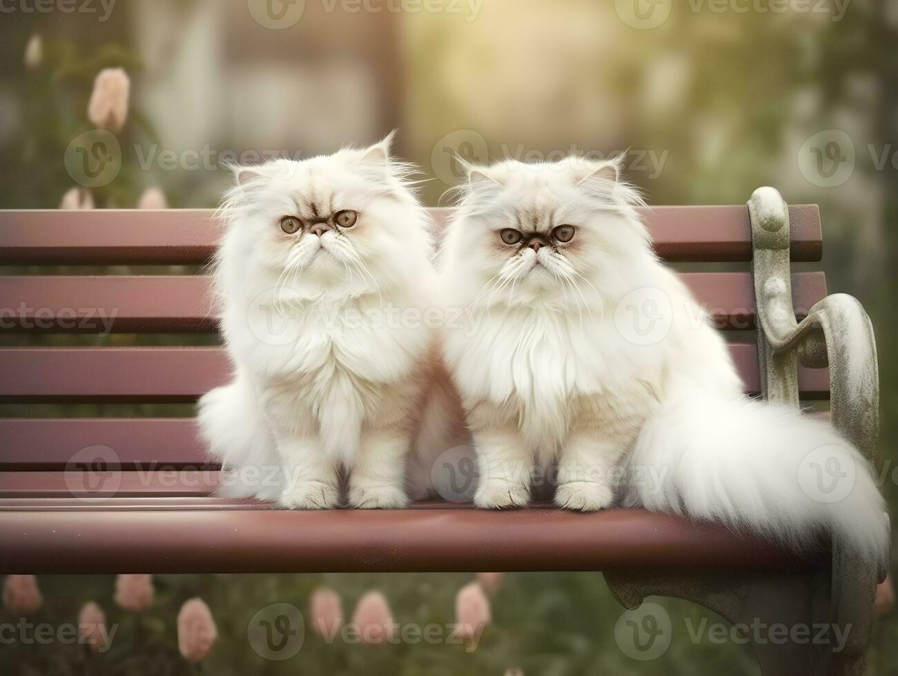 uma casal do fofa siberian gato sentado em uma Banco dentro a jardim. persa gato relaxar em uma de madeira cadeira dentro a cidade parque. generativo ai foto. foto