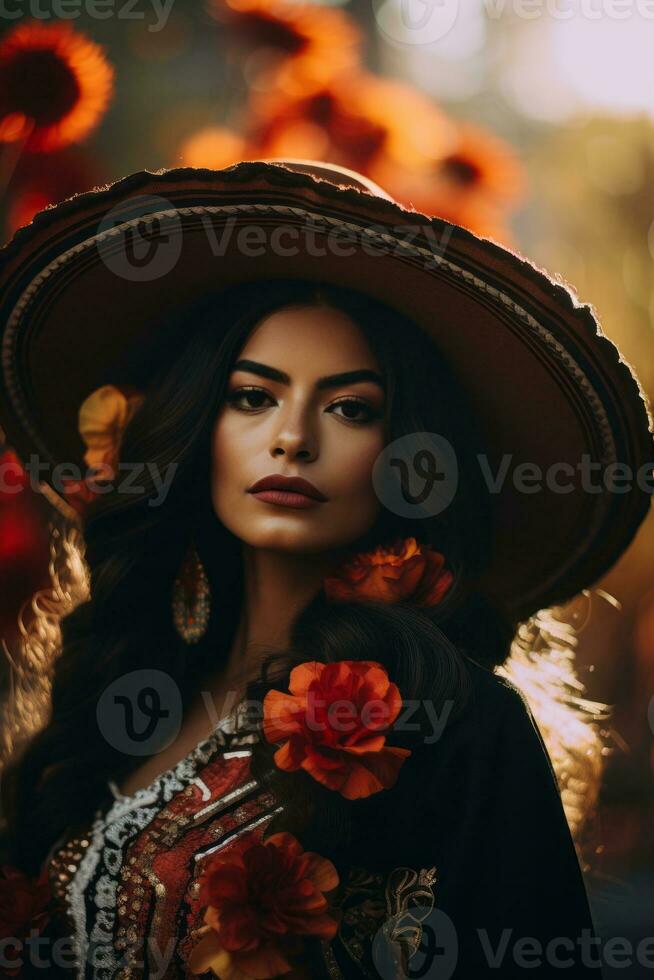 foto do emocional dinâmico pose mexicano mulher dentro outono ai generativo