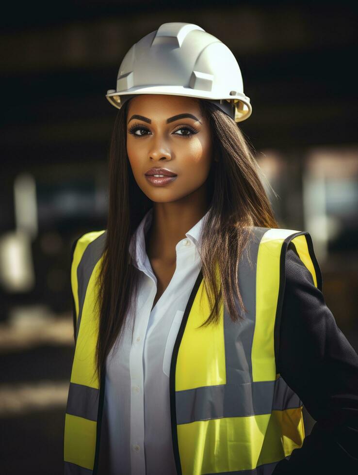 foto tiro do uma natural mulher trabalhando Como uma construção trabalhador ai generativo