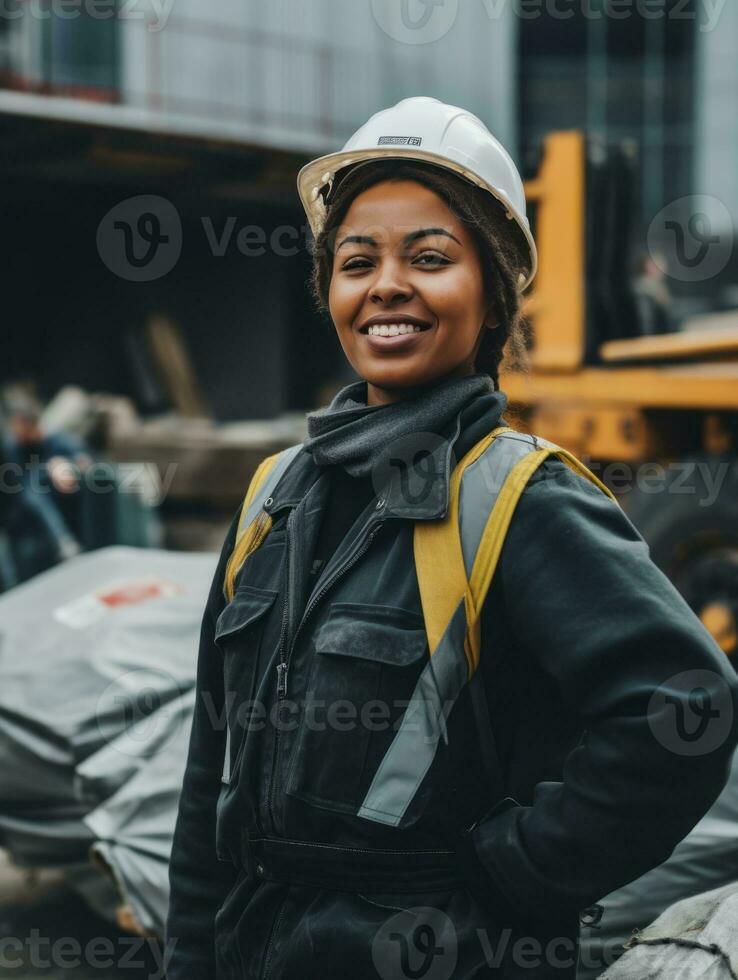 foto tiro do uma natural mulher trabalhando Como uma construção trabalhador ai generativo