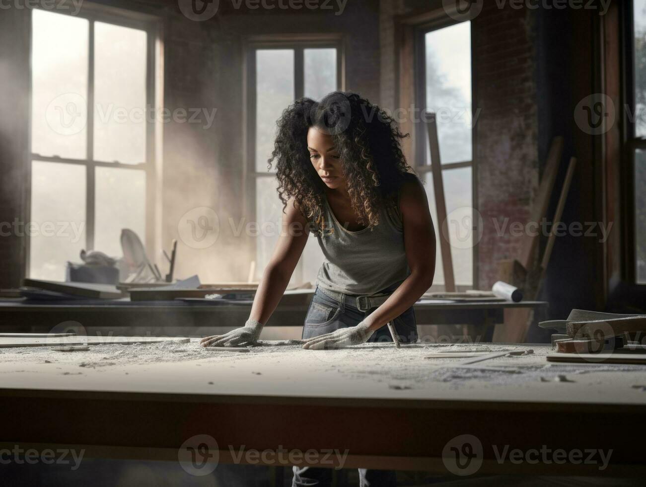 foto tiro do uma natural mulher trabalhando Como uma construção trabalhador ai generativo