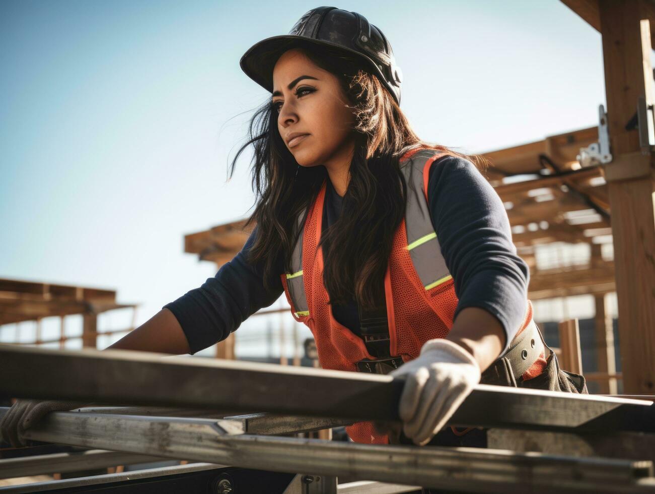 foto tiro do uma natural mulher trabalhando Como uma construção trabalhador ai generativo