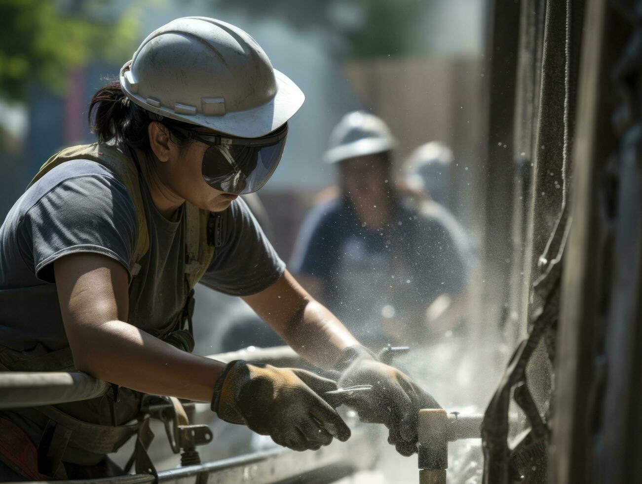 foto tiro do uma natural mulher trabalhando Como uma construção trabalhador ai generativo