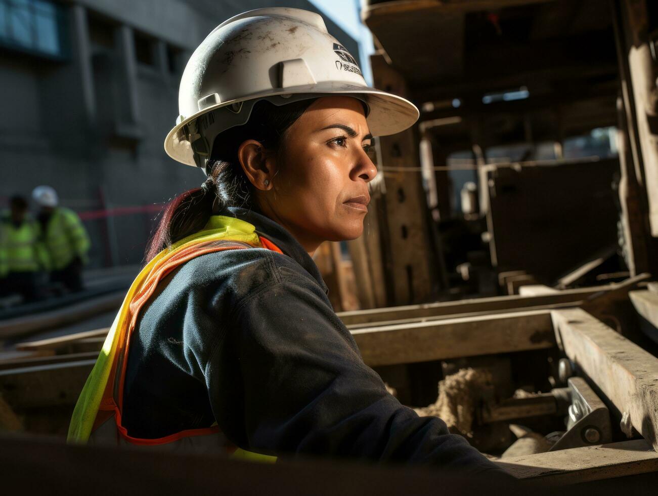 foto tiro do uma natural mulher trabalhando Como uma construção trabalhador ai generativo