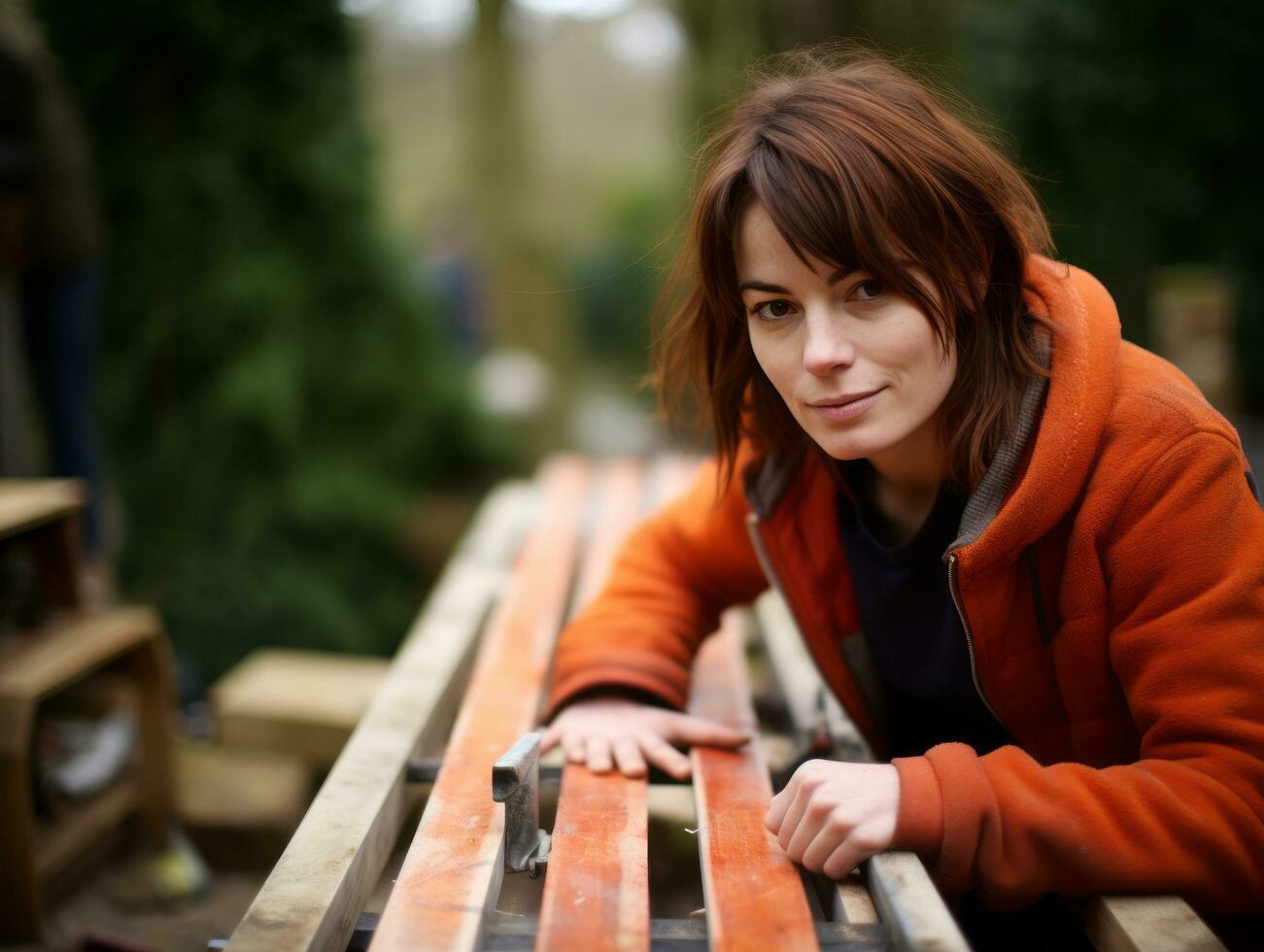 foto tiro do uma natural mulher trabalhando Como uma construção trabalhador ai generativo