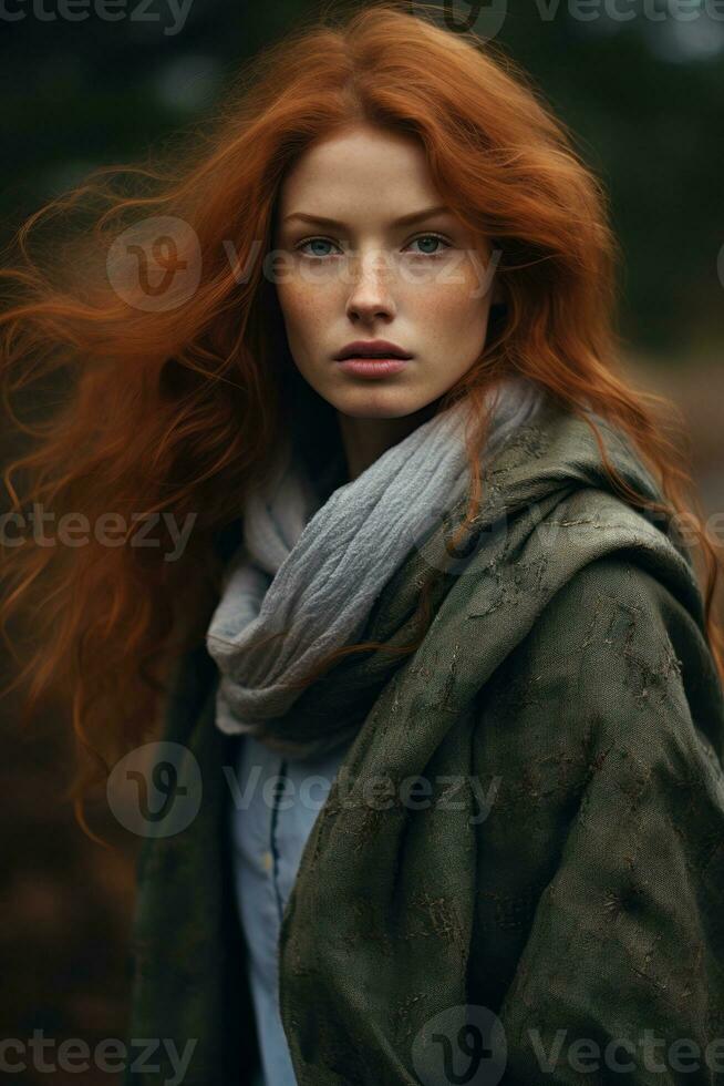 europeu mulher dentro emocional dinâmico pose em outono fundo ai generativo foto