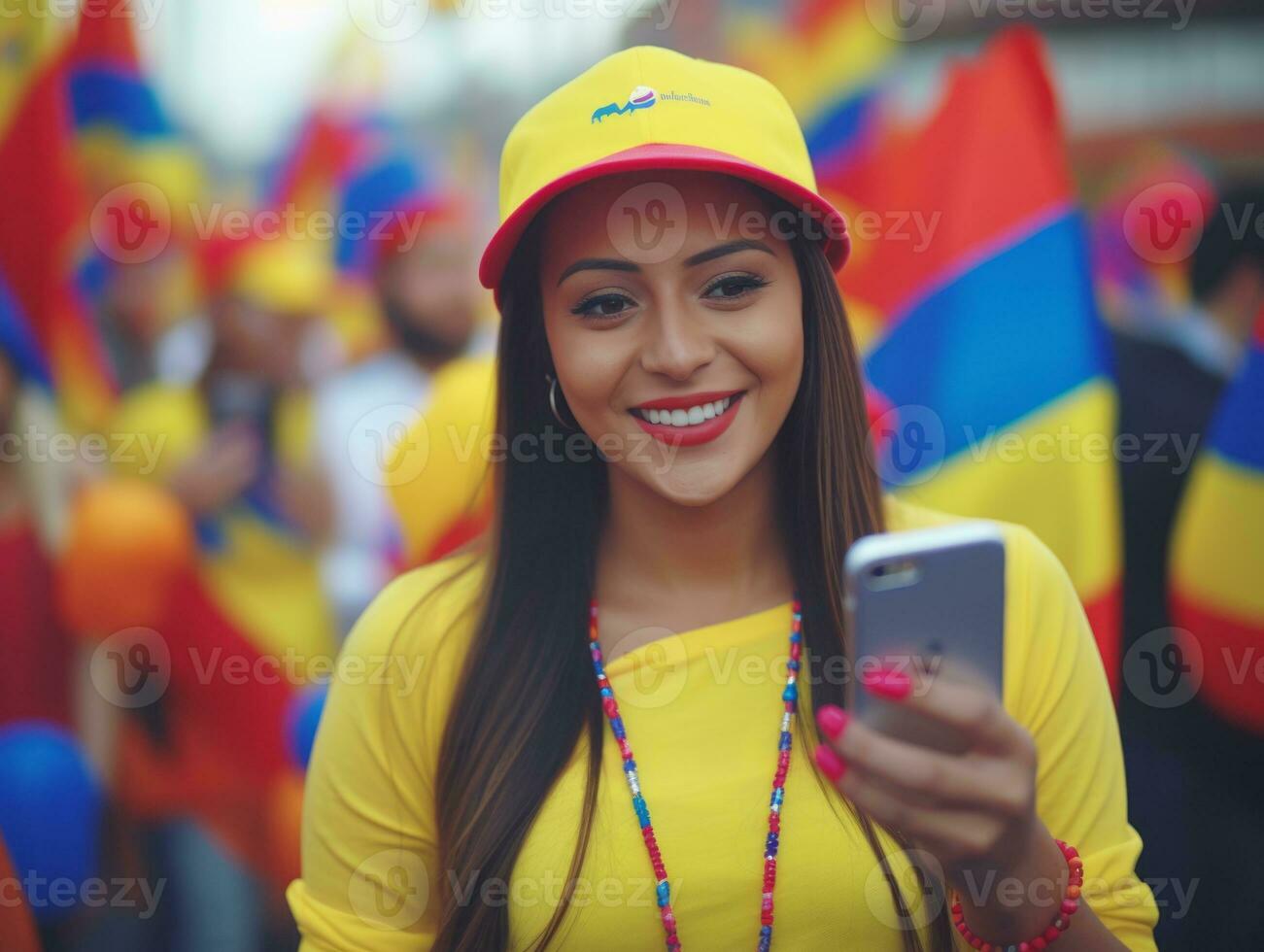 mulher a partir de Colômbia usando Smartphone para conectados comunicação ai generativo foto