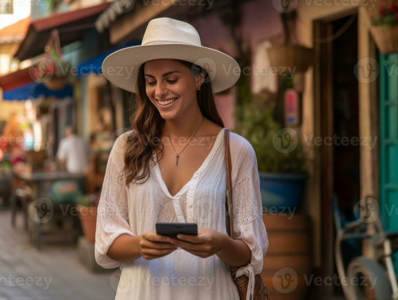 mulher a partir de Colômbia usando Smartphone para conectados comunicação ai generativo foto