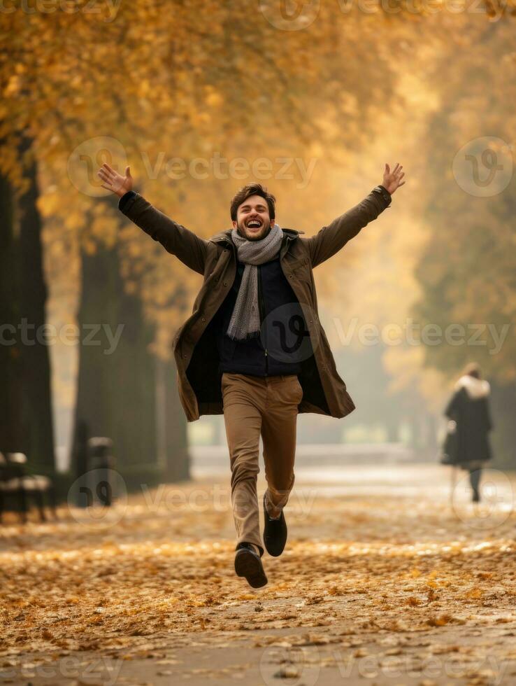 europeu homem dentro emocional dinâmico pose em outono fundo ai generativo foto