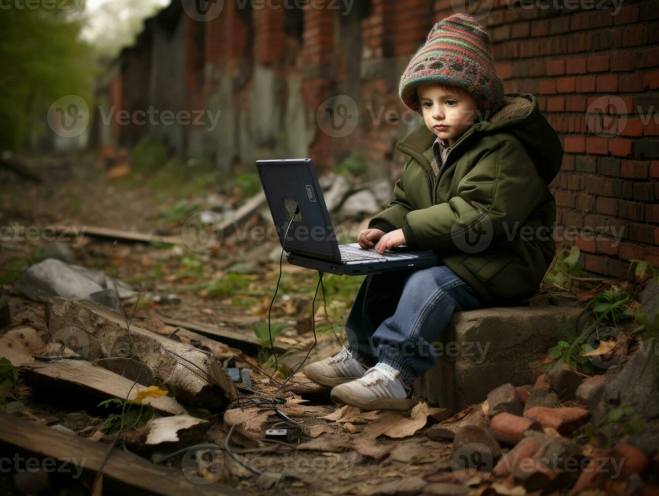 colombiano criança trabalhando em uma computador portátil dentro uma vibrante urbano configuração ai generativo foto