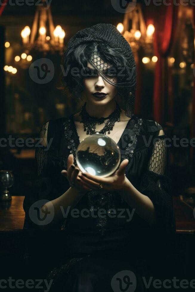 mulher dizendo a partir de uma cristal bola vestido Como uma misterioso fortuna caixa ai generativo foto