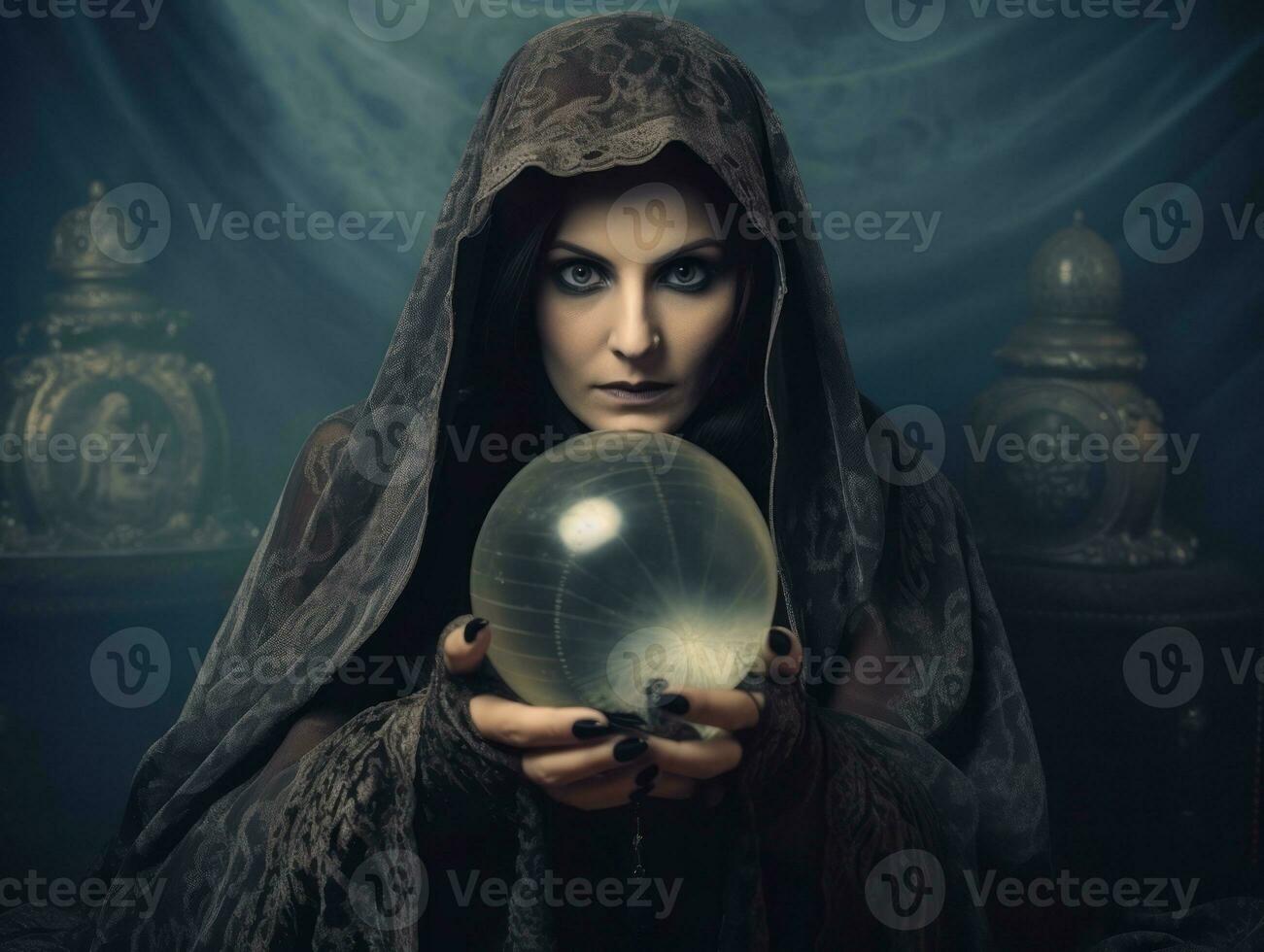 mulher dizendo a partir de uma cristal bola vestido Como uma misterioso fortuna caixa ai generativo foto