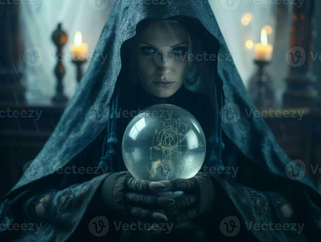 mulher dizendo a partir de uma cristal bola vestido Como uma misterioso fortuna caixa ai generativo foto