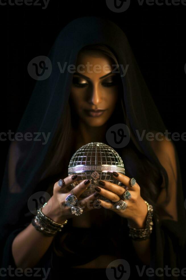 mulher dizendo a partir de uma cristal bola vestido Como uma misterioso fortuna caixa ai generativo foto