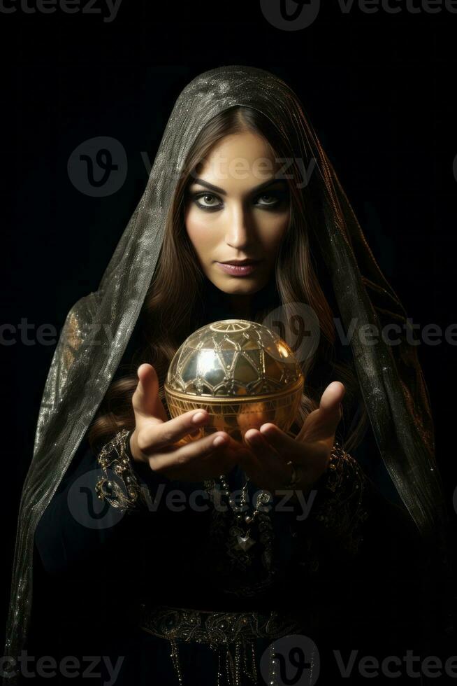 mulher dizendo a partir de uma cristal bola vestido Como uma misterioso fortuna caixa ai generativo foto