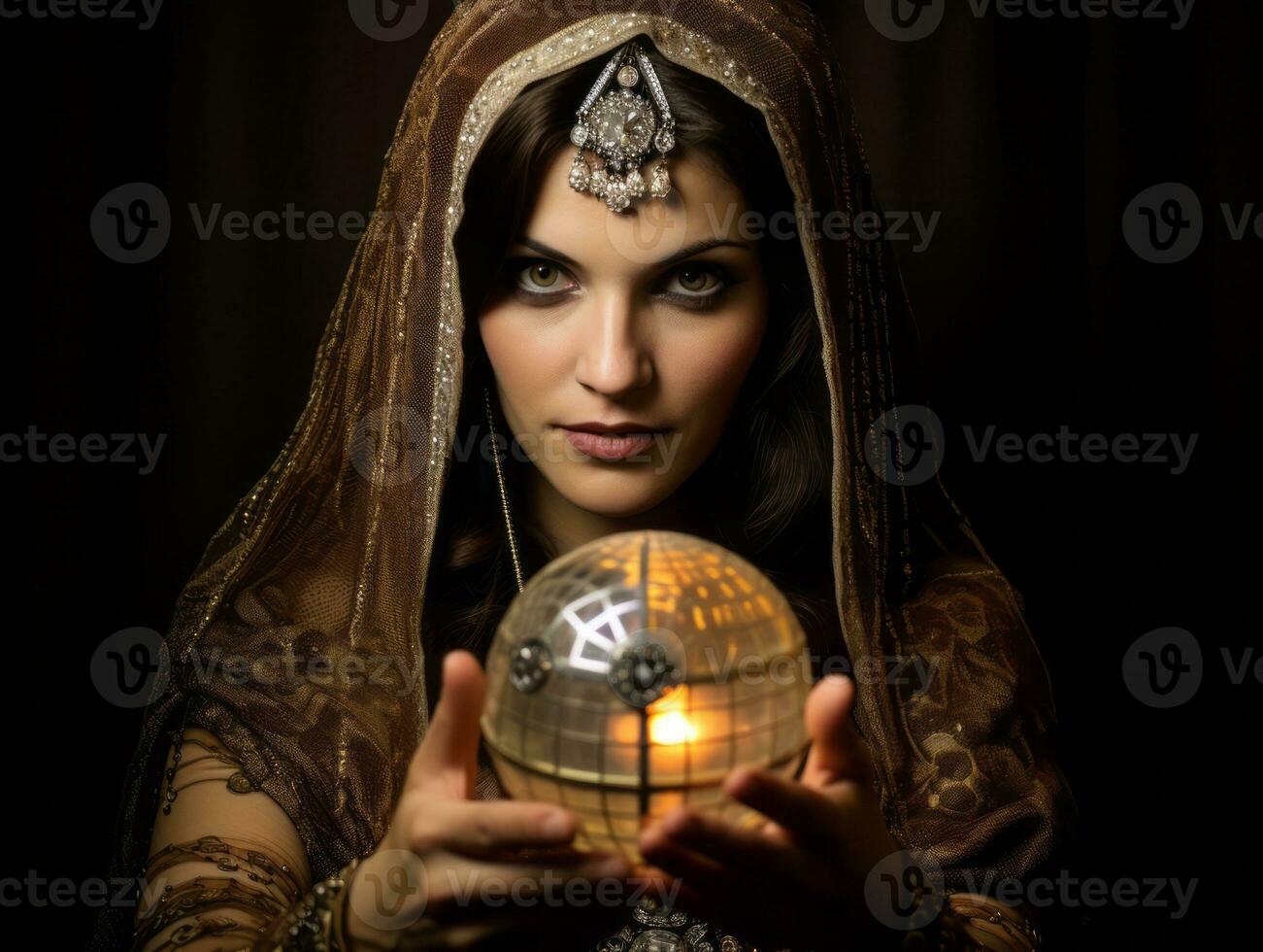 mulher dizendo a partir de uma cristal bola vestido Como uma misterioso fortuna caixa ai generativo foto