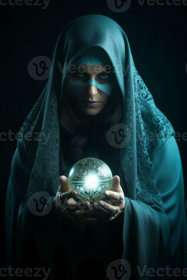 mulher dizendo a partir de uma cristal bola vestido Como uma misterioso fortuna caixa ai generativo foto