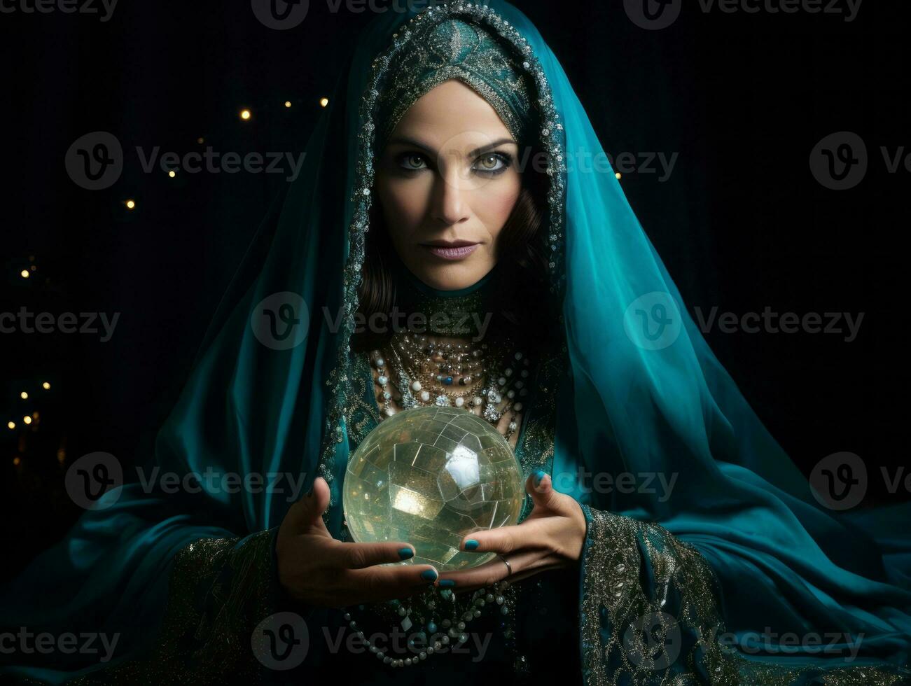 mulher dizendo a partir de uma cristal bola vestido Como uma misterioso fortuna caixa ai generativo foto