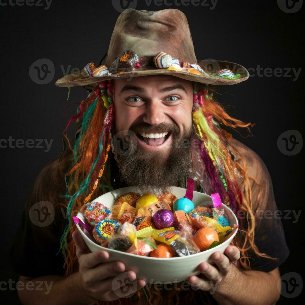 homem dentro dia das Bruxas traje segurando uma tigela do doce com pernicioso sorrir ai generativo foto