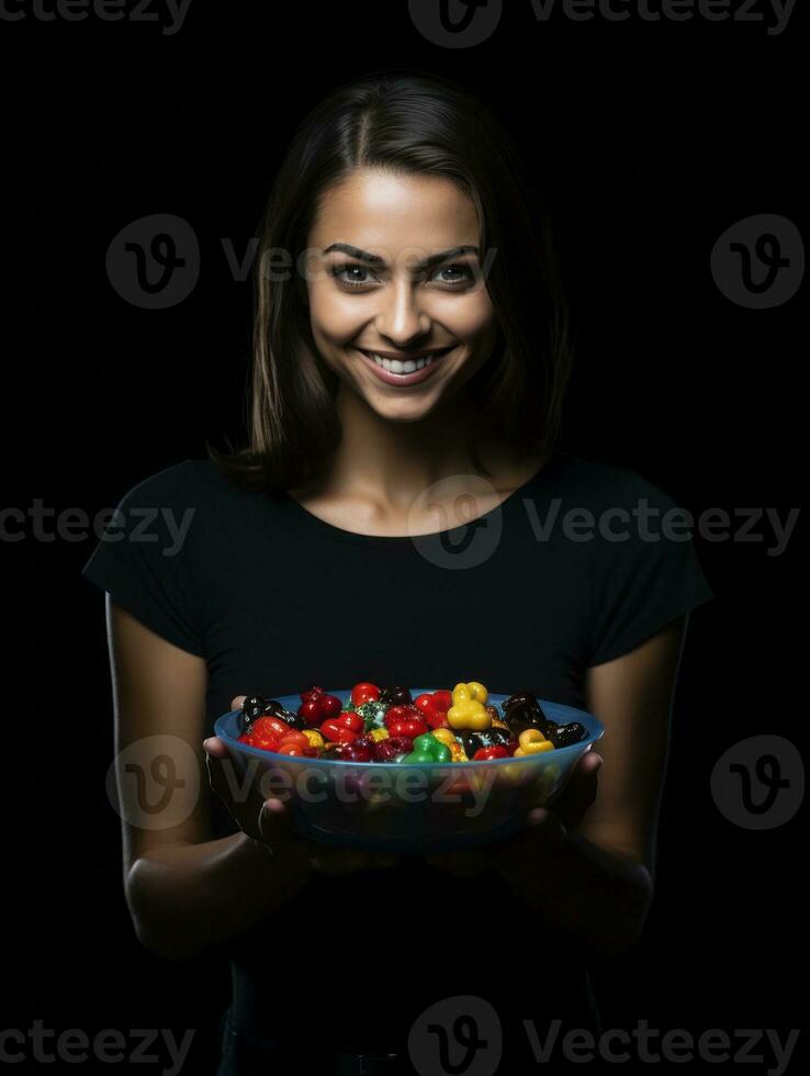 mulher dentro uma dia das Bruxas traje segurando uma tigela do doce com pernicioso sorrir ai generativo foto