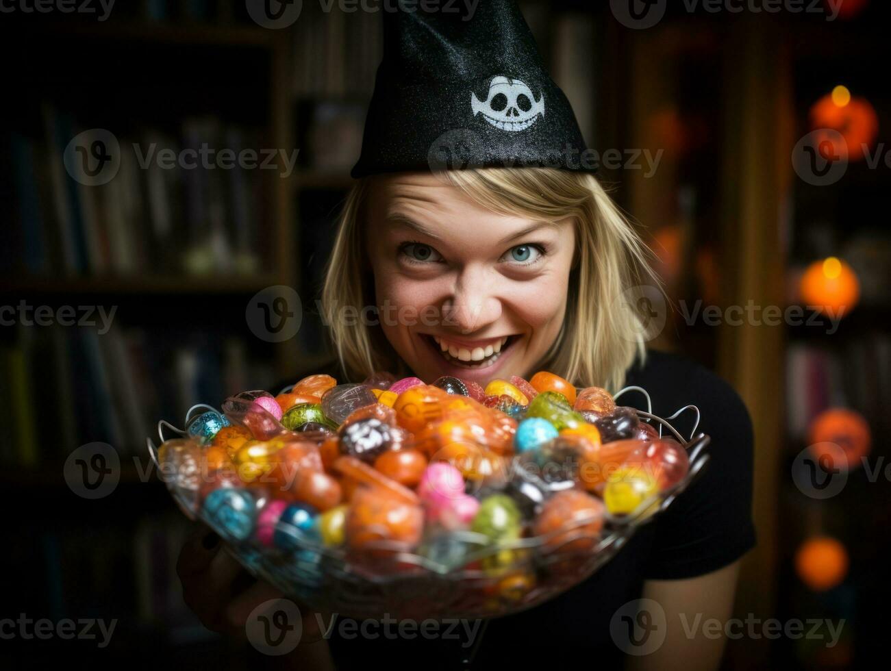 mulher dentro uma dia das Bruxas traje segurando uma tigela do doce com pernicioso sorrir ai generativo foto