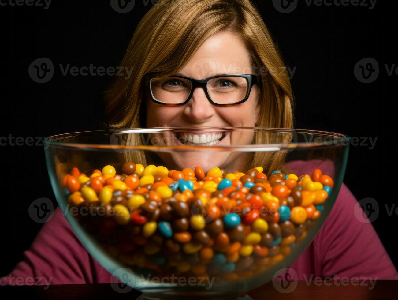 mulher dentro uma dia das Bruxas traje segurando uma tigela do doce com pernicioso sorrir ai generativo foto