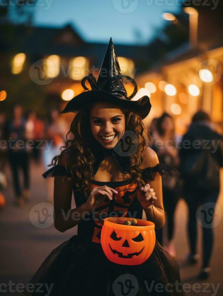 mulher dentro uma dia das Bruxas traje segurando uma tigela do doce com pernicioso sorrir ai generativo foto