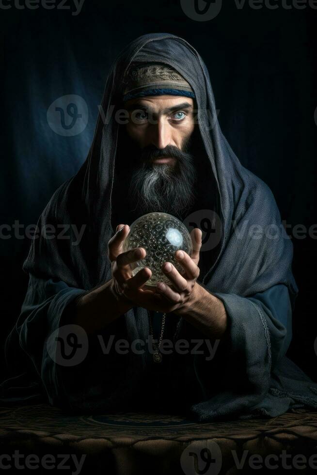 homem dizendo a partir de uma cristal bola vestido Como uma misterioso fortuna caixa ai generativo foto