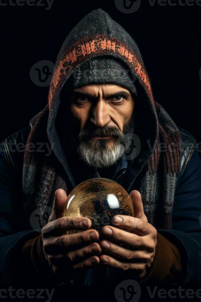 homem dizendo a partir de uma cristal bola vestido Como uma misterioso fortuna caixa ai generativo foto