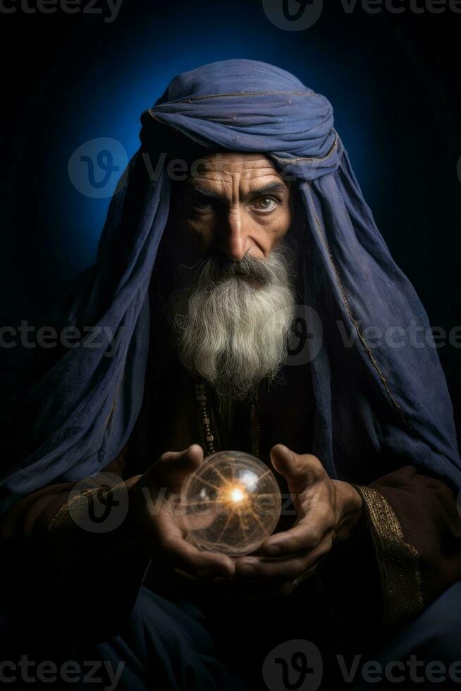 homem dizendo a partir de uma cristal bola vestido Como uma misterioso fortuna caixa ai generativo foto