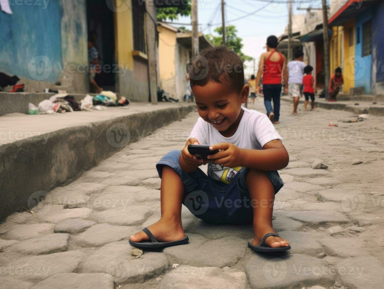 criança a partir de Colômbia usando Smartphone para jogando jogos ai generativo foto