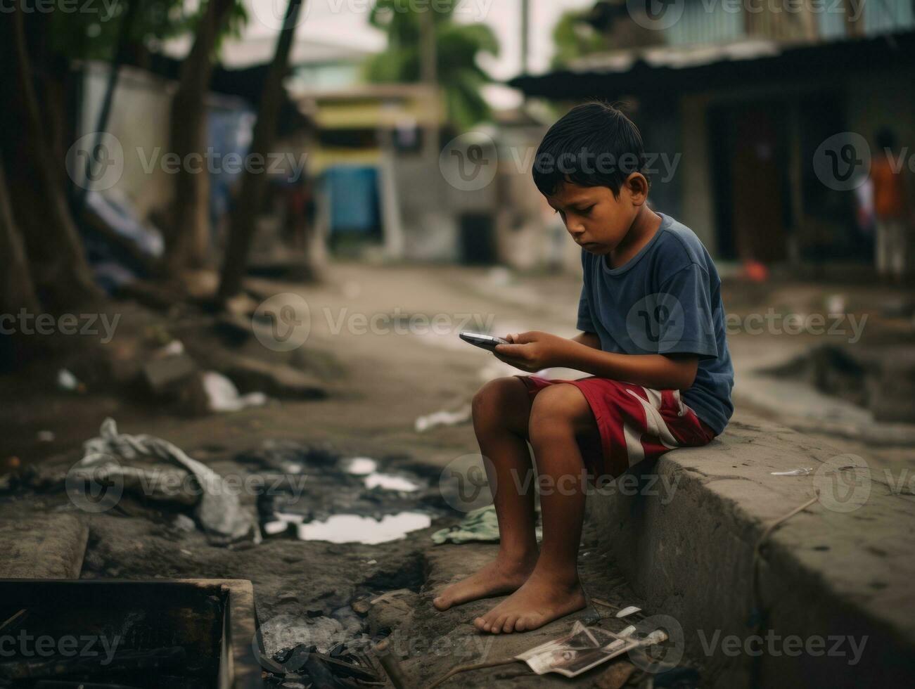 criança a partir de Colômbia usando Smartphone para jogando jogos ai generativo foto