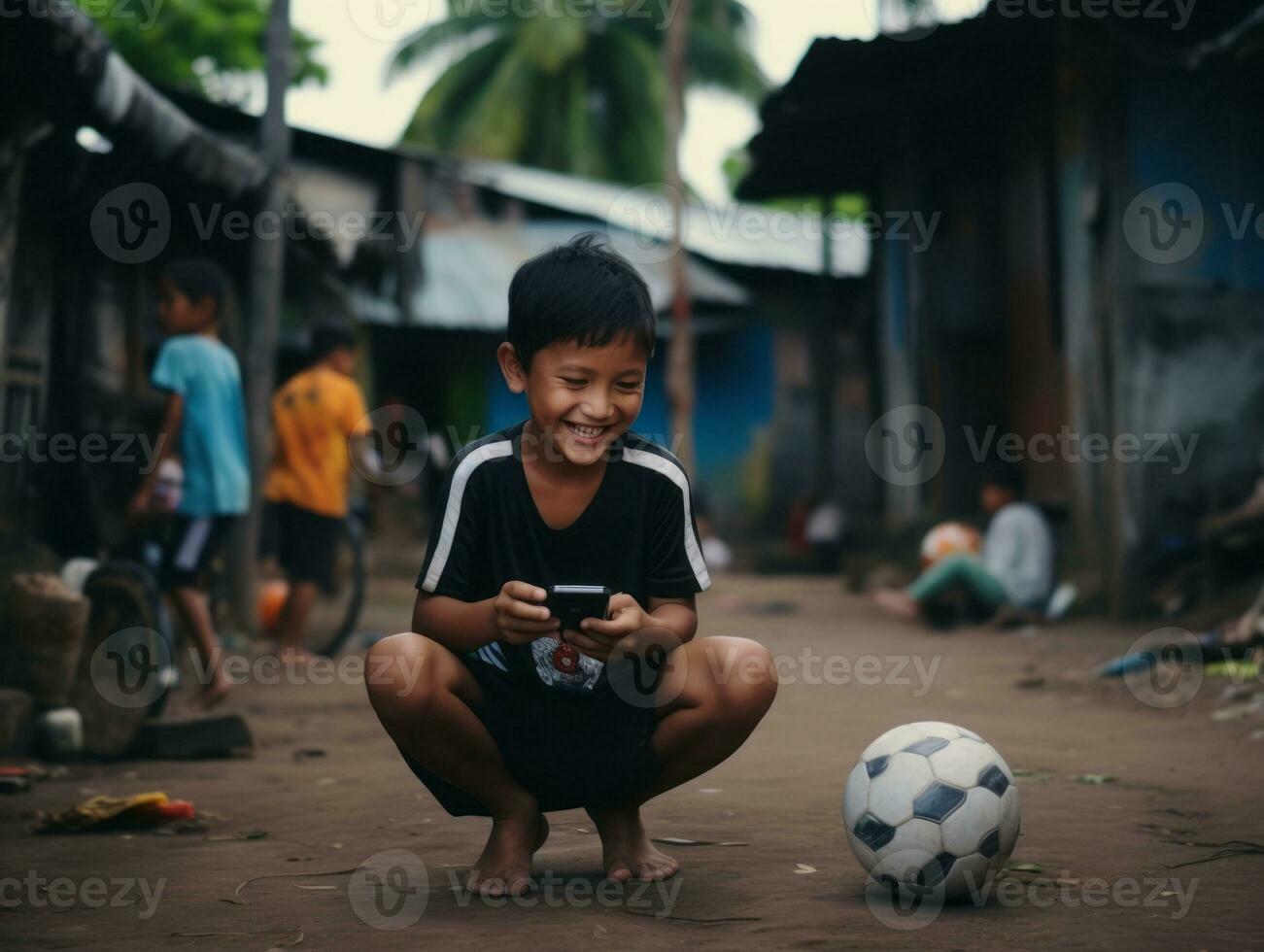 criança a partir de Colômbia usando Smartphone para jogando jogos ai generativo foto