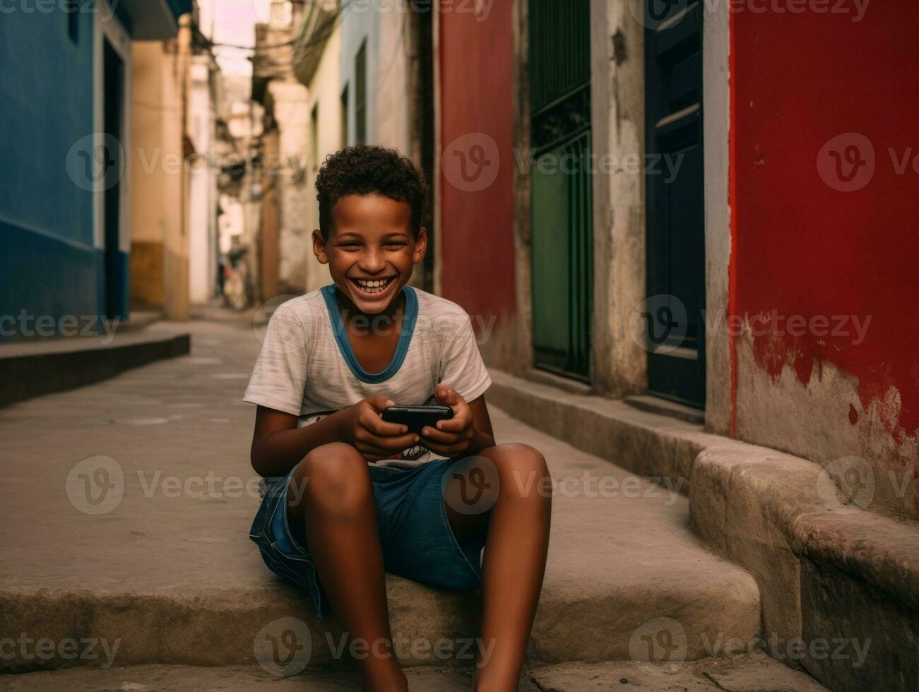 criança a partir de Colômbia usando Smartphone para jogando jogos ai generativo foto