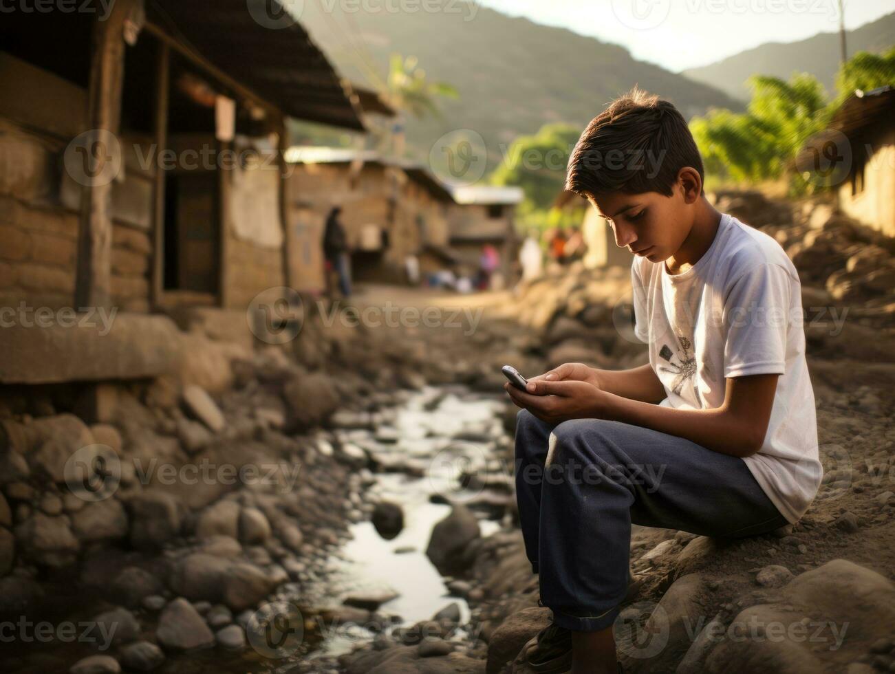 adolescente a partir de Colômbia usando uma Smartphone para jogando jogos ai generativo foto