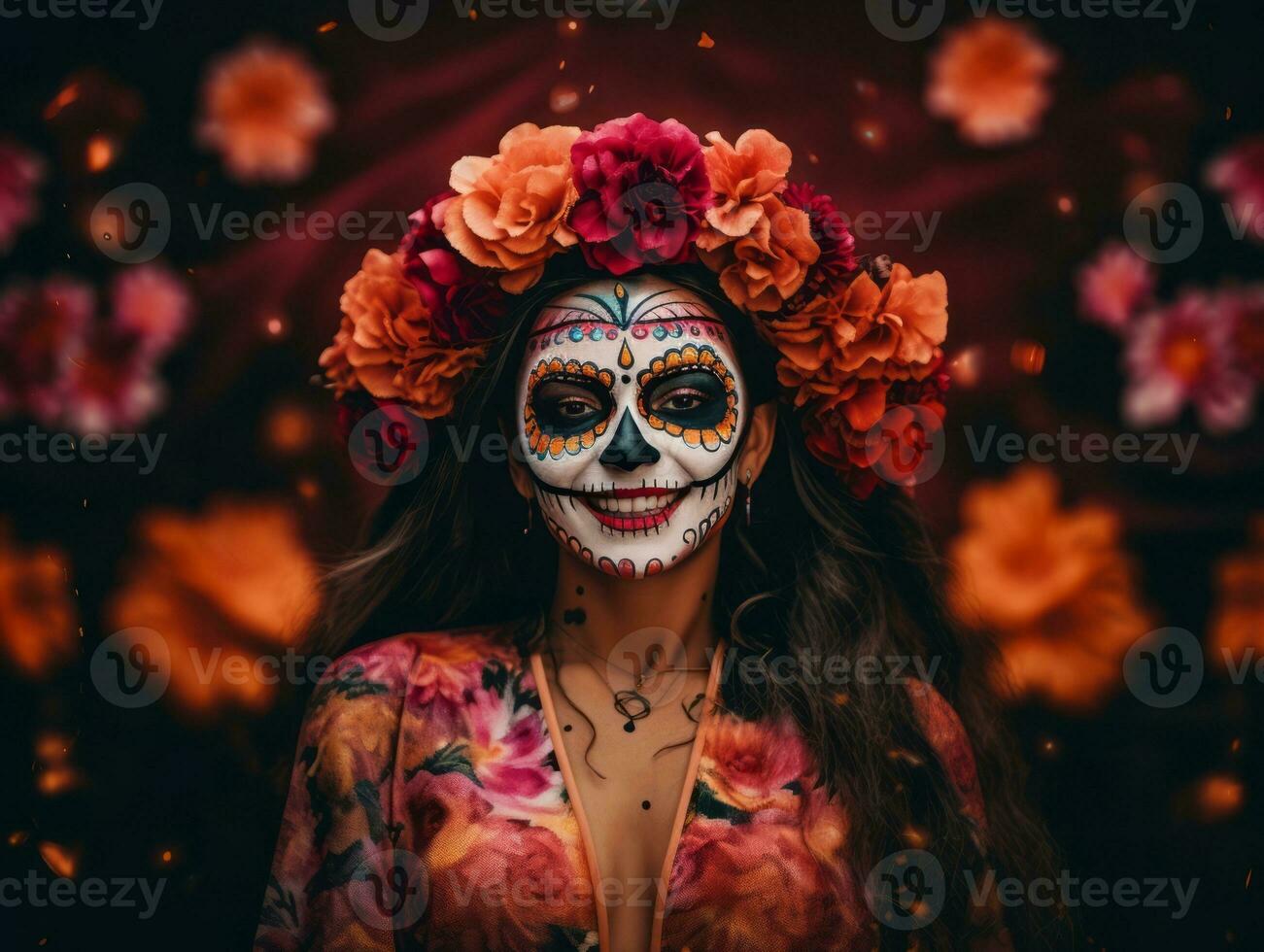 mulher dentro vibrante calavera Maquiagem comemora a dia do morto ai generativo foto