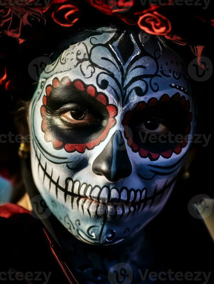 mulher dentro vibrante calavera Maquiagem comemora a dia do morto ai generativo foto