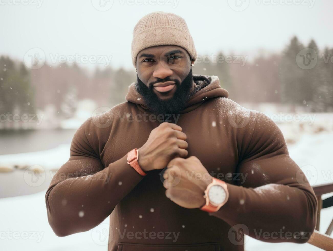 africano americano homem goza a inverno Nevado dia dentro brincalhão emocional dinâmico pose ai generativo foto
