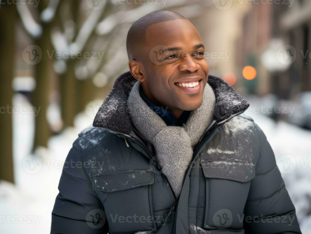 africano americano homem goza a inverno Nevado dia dentro brincalhão emocional dinâmico pose ai generativo foto