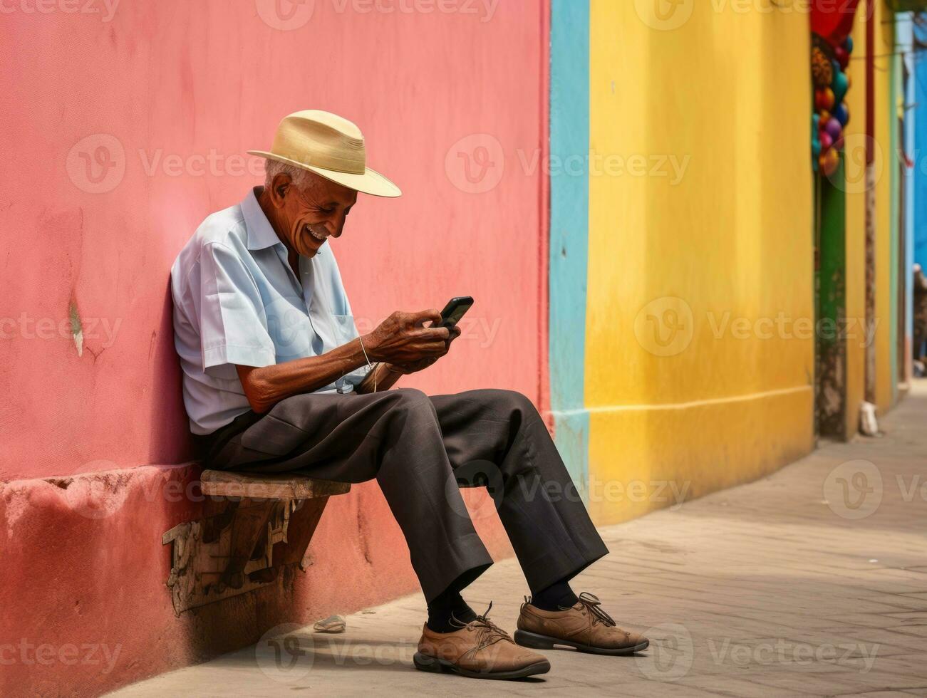 velho homem a partir de Colômbia usando uma Smartphone para conectados comunicação ai generativo foto