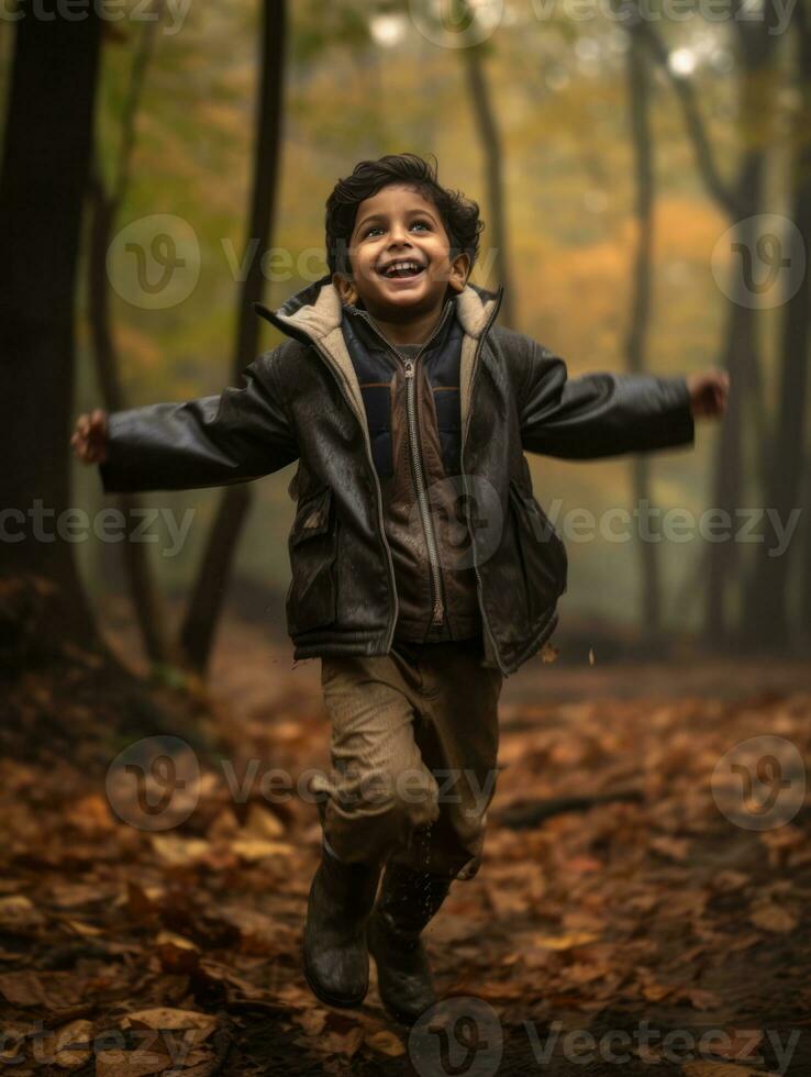 indiano criança dentro brincalhão emocional dinâmico pose em outono fundo ai generativo foto