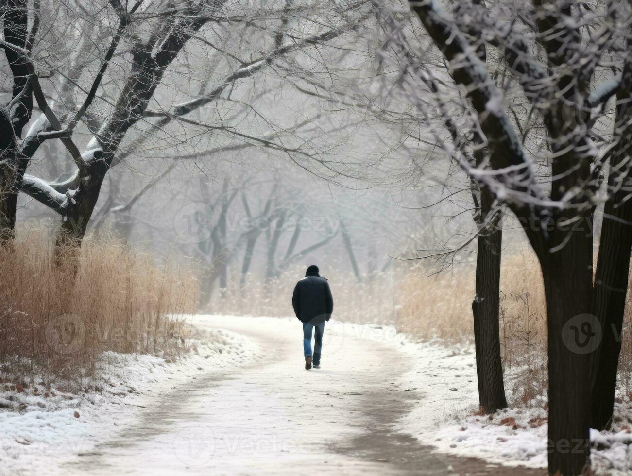 homem goza uma vagaroso andar em uma inverno dia ai generativo foto