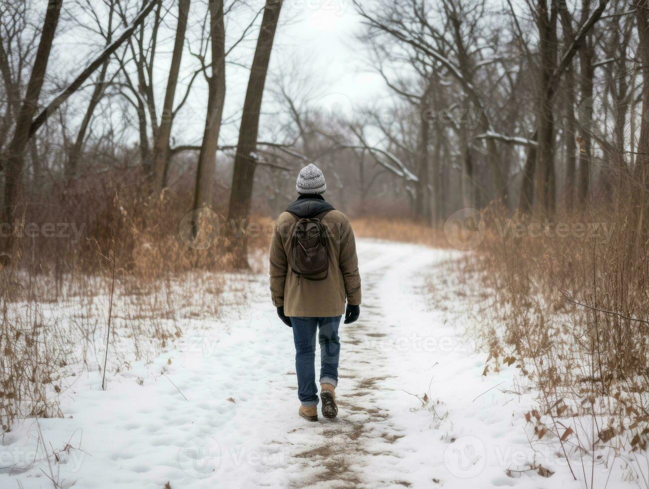 homem goza uma vagaroso andar em uma inverno dia ai generativo foto