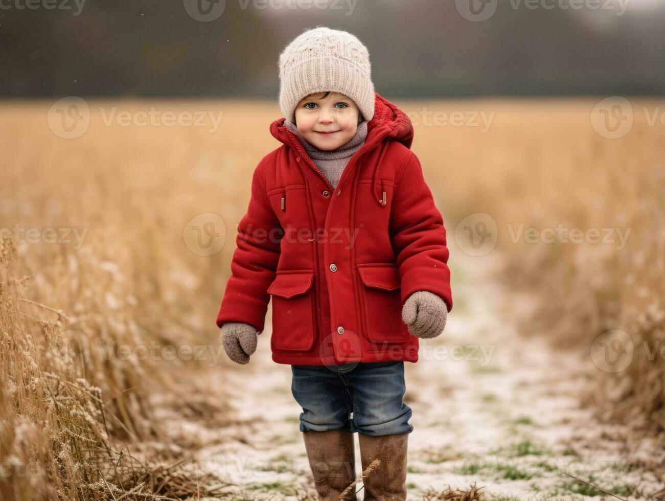 criança goza uma vagaroso andar dentro uma inverno dia ai generativo foto