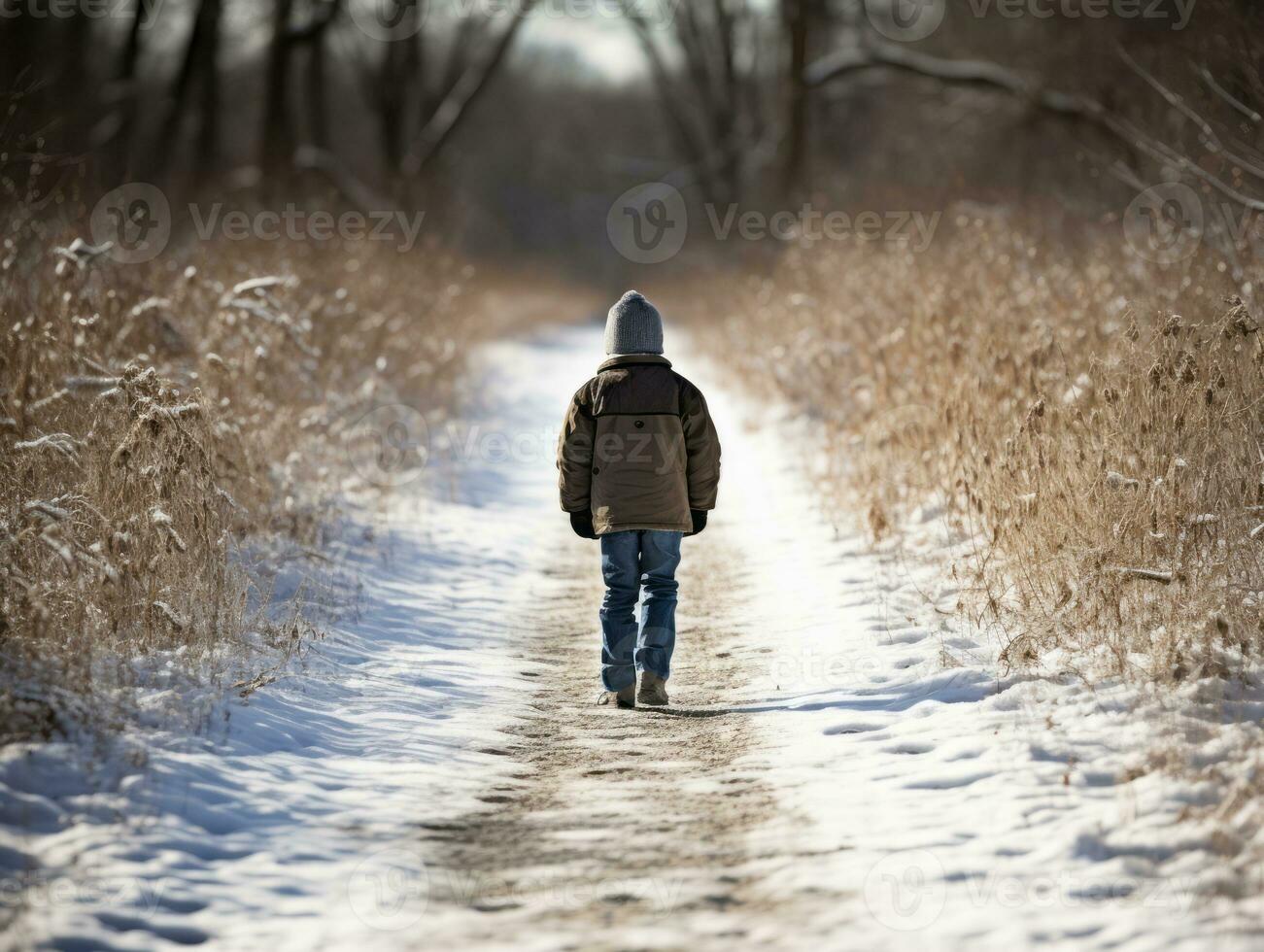 criança goza uma vagaroso andar dentro uma inverno dia ai generativo foto