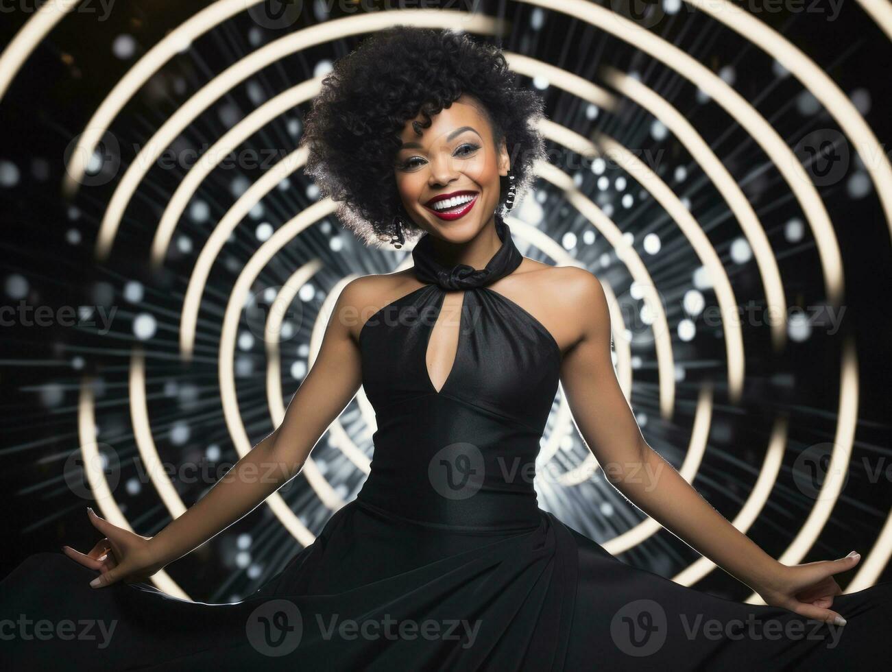 mulher atendendo uma Novo ano véspera festa dentro a elegante vestido ai generativo foto