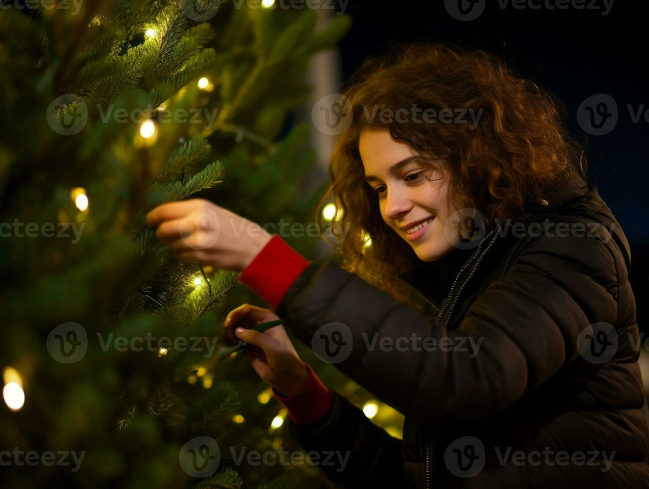 mulher decoração uma Natal árvore com enfeites e luzes ai generativo foto