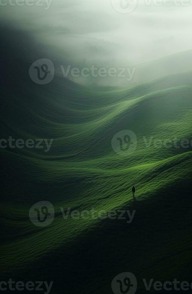 generativo ai, cênico verde colinas dentro a nuvens, lindo natureza panorama aéreo panorama, montanhas, aéreo fotografia foto