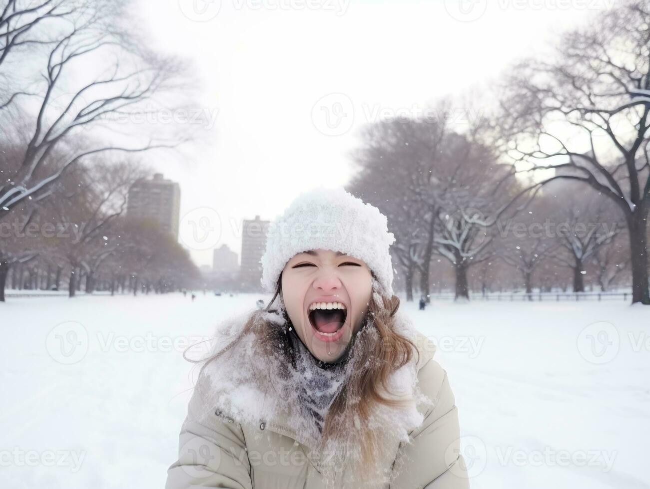 mulher goza dentro a inverno dia dentro emocional brincalhão pose ai generativo foto