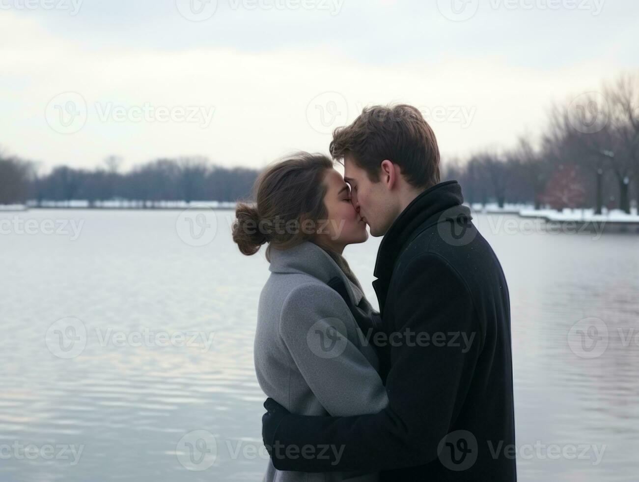 amoroso casal é desfrutando uma romântico inverno dia ai generativo foto